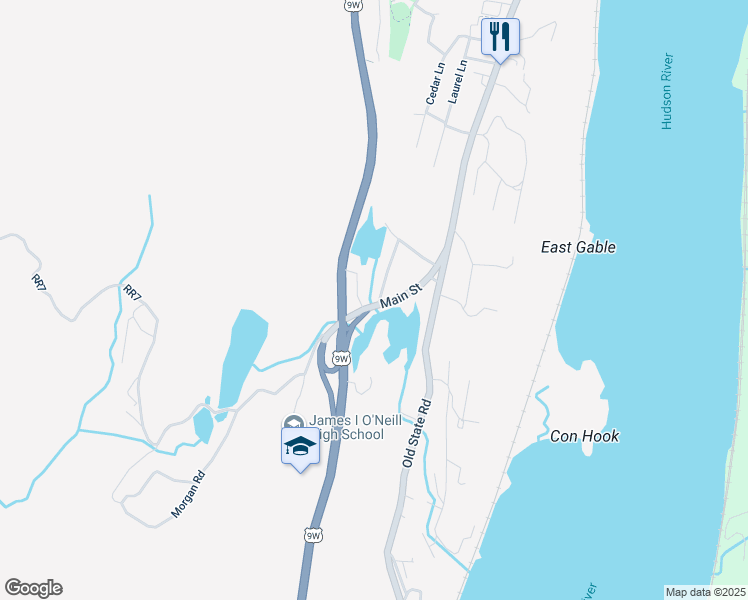 map of restaurants, bars, coffee shops, grocery stores, and more near 17 Main Street in Highland Falls