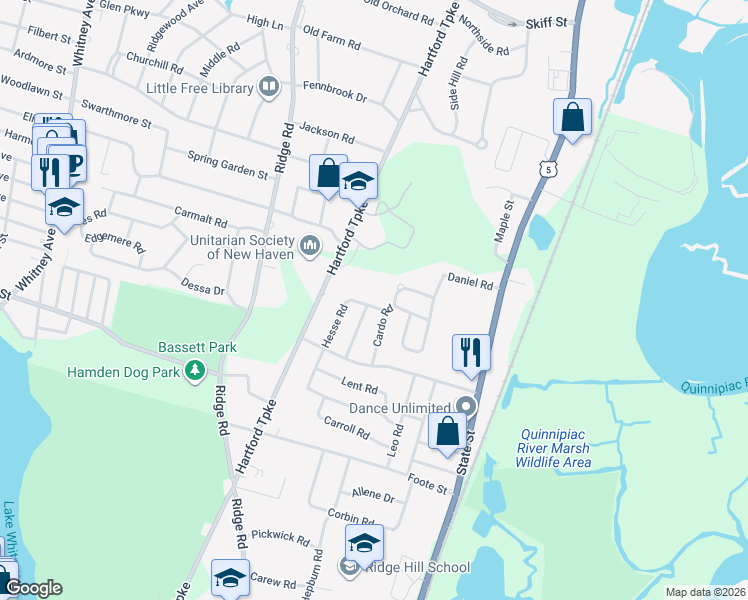 map of restaurants, bars, coffee shops, grocery stores, and more near 47 Dadio Road in Hamden