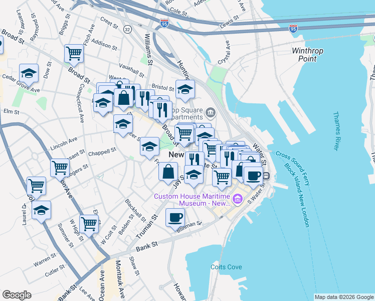 map of restaurants, bars, coffee shops, grocery stores, and more near 13 Broad Street in New London