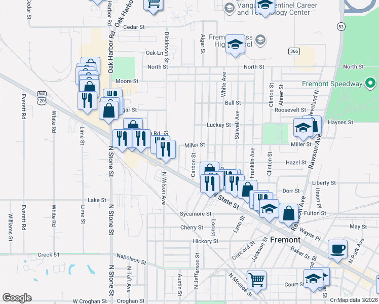 map of restaurants, bars, coffee shops, grocery stores, and more near 1006 Carbon Street in Fremont
