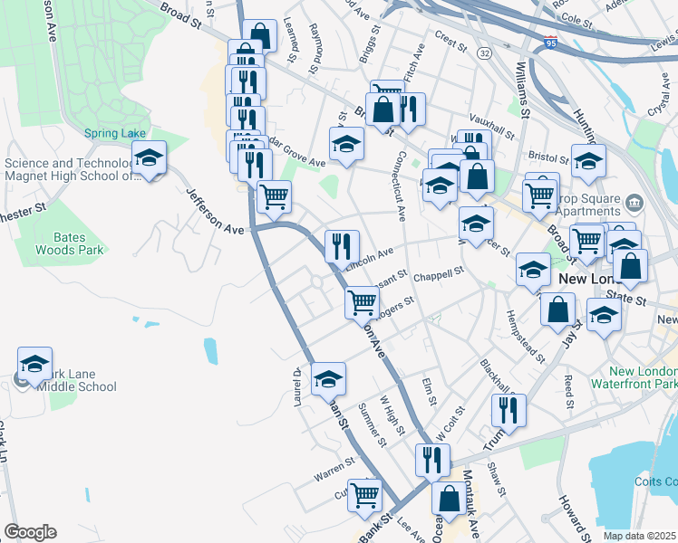 map of restaurants, bars, coffee shops, grocery stores, and more near 256 Jefferson Avenue in New London
