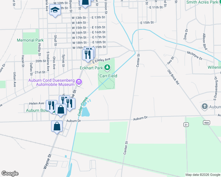 map of restaurants, bars, coffee shops, grocery stores, and more near 1518 South Cedar Street in Auburn