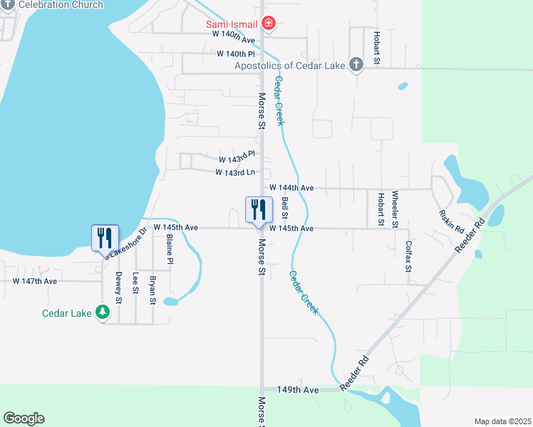 map of restaurants, bars, coffee shops, grocery stores, and more near 14411 Morse St in Cedar Lake