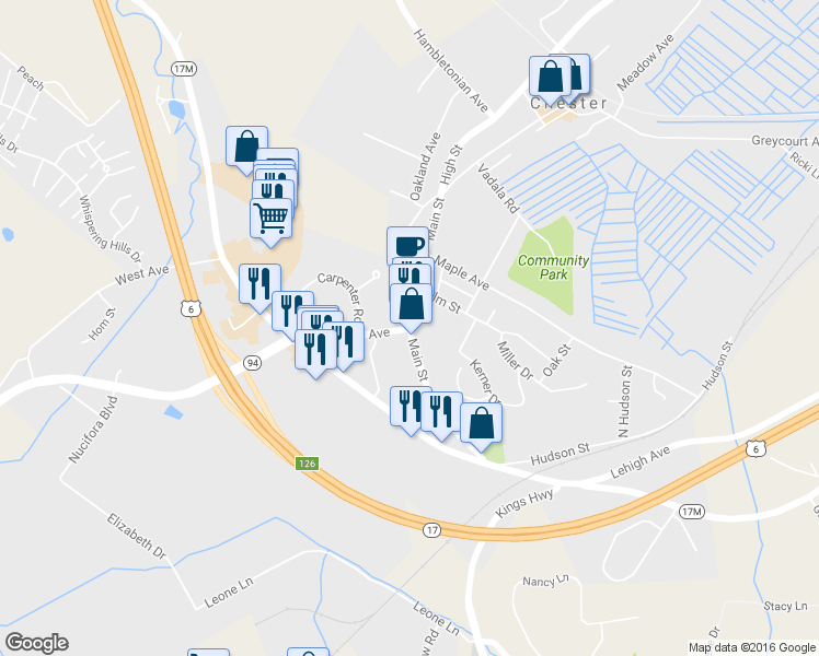 map of restaurants, bars, coffee shops, grocery stores, and more near Route 94 in Blooming Grove