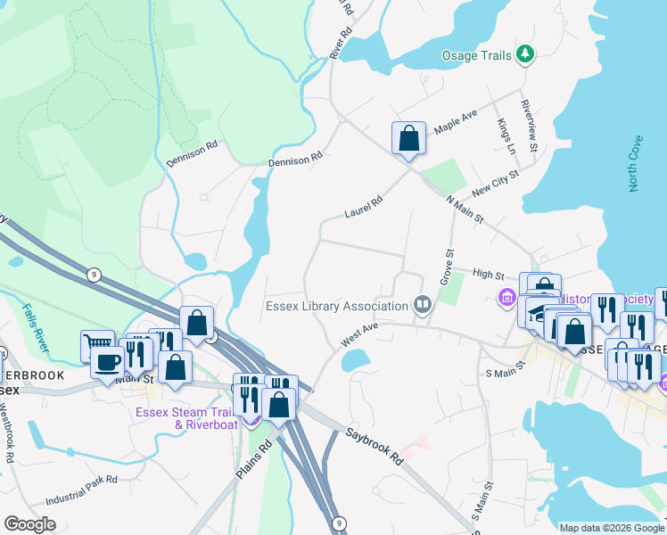 map of restaurants, bars, coffee shops, grocery stores, and more near 32 Grandview Terrace in Essex