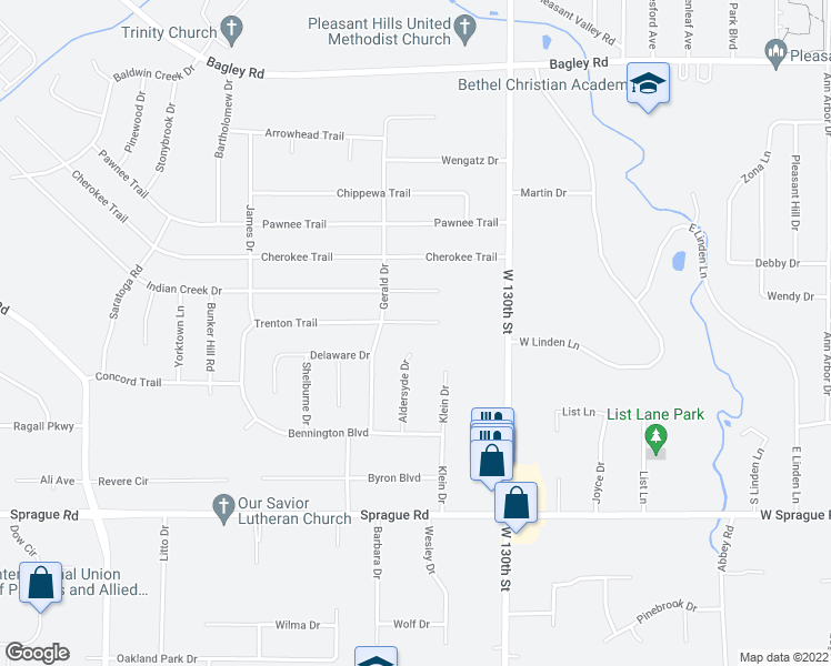 map of restaurants, bars, coffee shops, grocery stores, and more near 13373 Trenton Trail in Cleveland