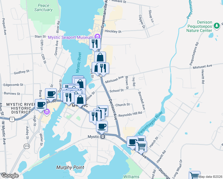 map of restaurants, bars, coffee shops, grocery stores, and more near 86 Denison Avenue in Stonington
