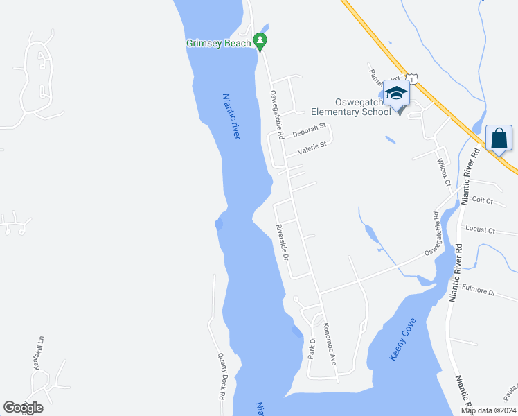 map of restaurants, bars, coffee shops, grocery stores, and more near 9 Riverside Drive in Waterford