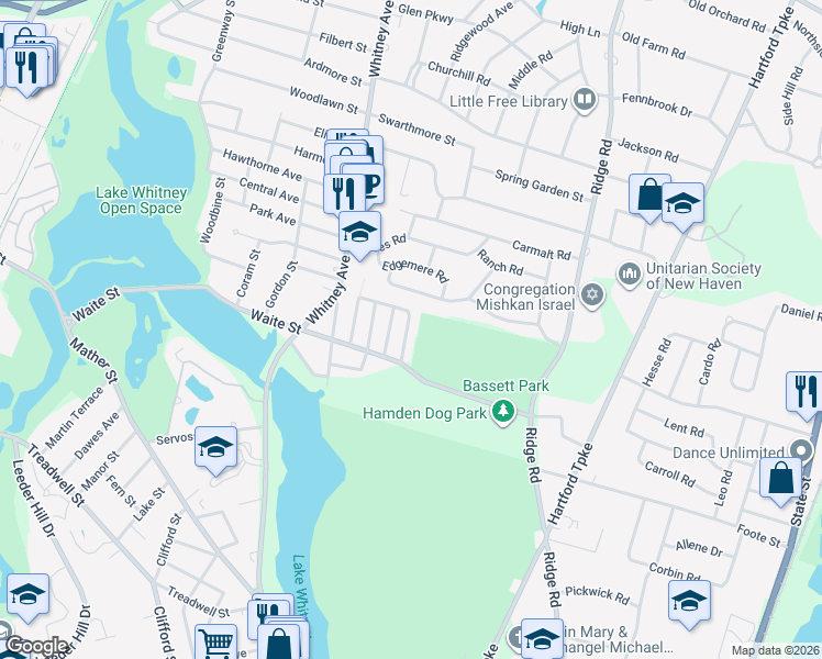 map of restaurants, bars, coffee shops, grocery stores, and more near 47 Barrett Street in Hamden
