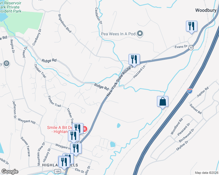 map of restaurants, bars, coffee shops, grocery stores, and more near 665 New York 32 in Woodbury