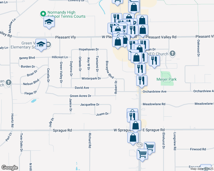 map of restaurants, bars, coffee shops, grocery stores, and more near 1647 Winterpark Drive in Parma