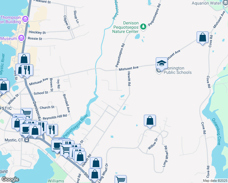 map of restaurants, bars, coffee shops, grocery stores, and more near 224 Pequotsepos Road Exd in Stonington