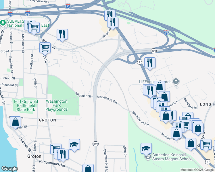 map of restaurants, bars, coffee shops, grocery stores, and more near 380 Meridian Street Extension in Groton