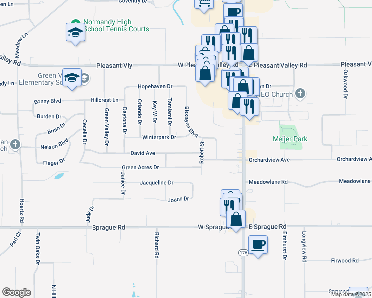 map of restaurants, bars, coffee shops, grocery stores, and more near 1647 Winterpark Drive in Parma