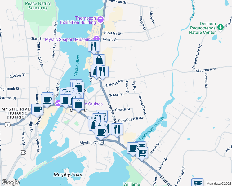map of restaurants, bars, coffee shops, grocery stores, and more near 13 School Street in Stonington