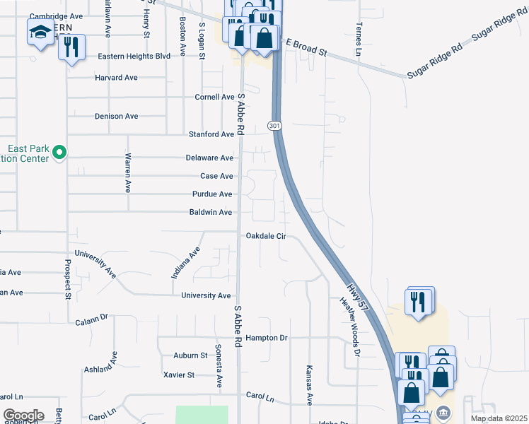 map of restaurants, bars, coffee shops, grocery stores, and more near 1212 South Abbe Road in Elyria