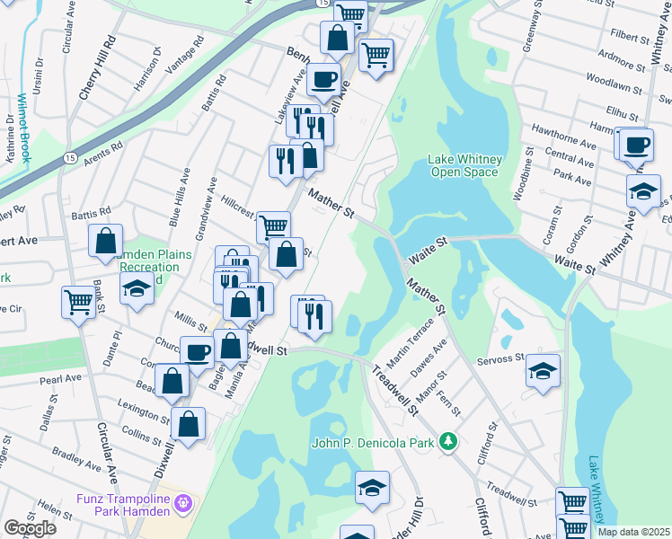map of restaurants, bars, coffee shops, grocery stores, and more near 380 Mather Street in Hamden