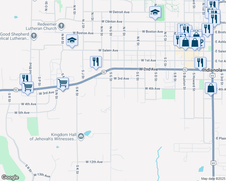 map of restaurants, bars, coffee shops, grocery stores, and more near 411 South G Street in Indianola