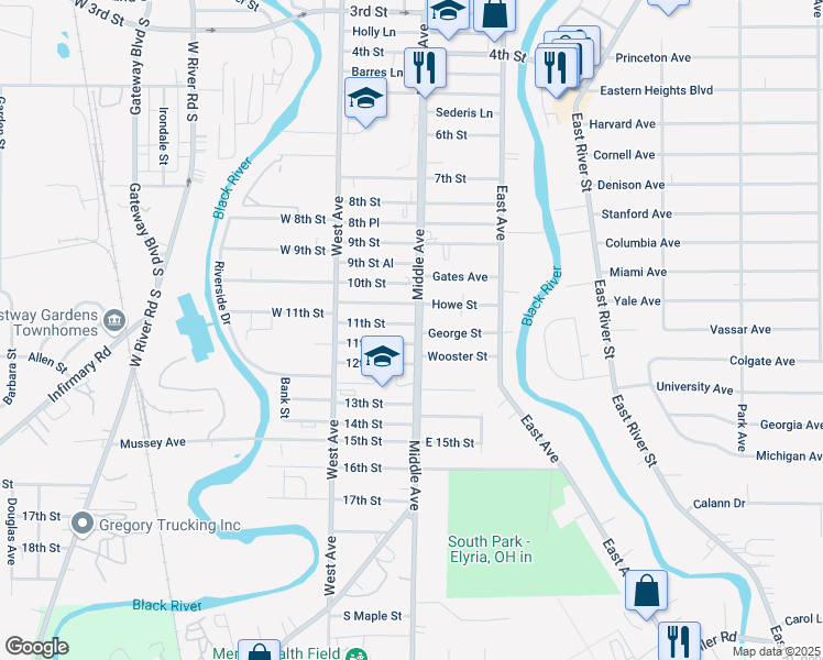 map of restaurants, bars, coffee shops, grocery stores, and more near 1028 Middle Avenue in Elyria