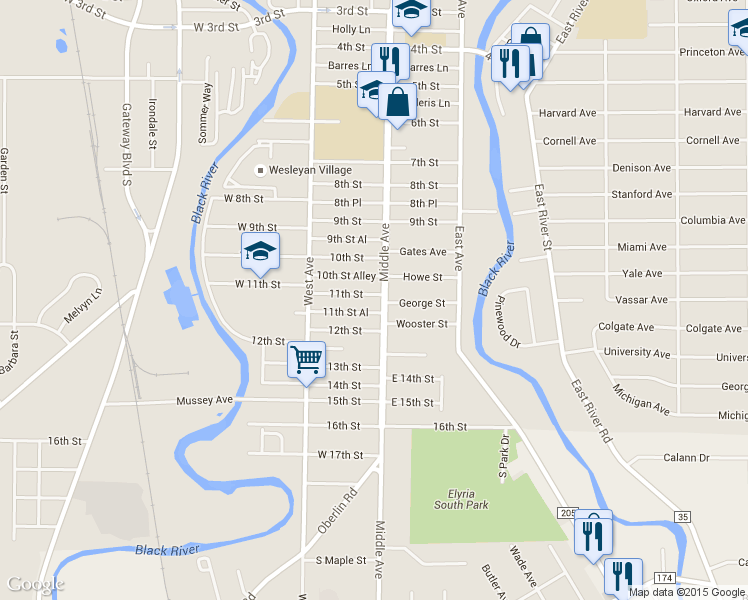 map of restaurants, bars, coffee shops, grocery stores, and more near 325 11th Street in Elyria