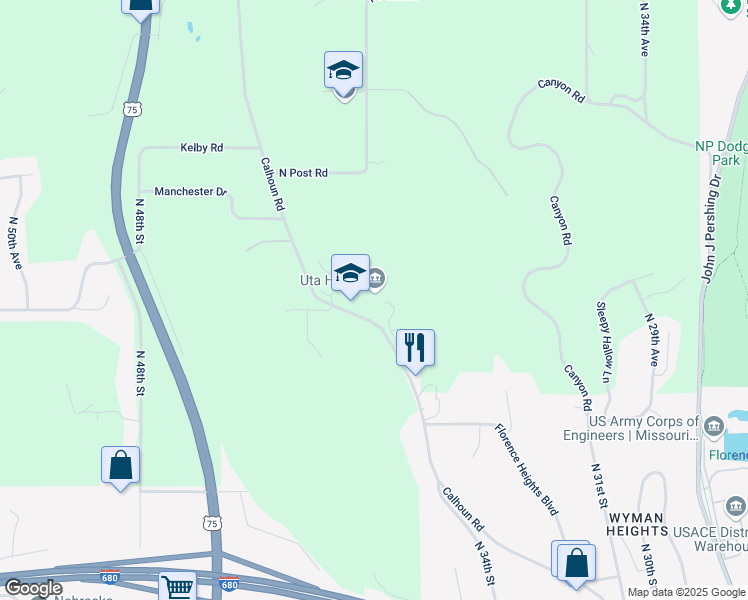 map of restaurants, bars, coffee shops, grocery stores, and more near 10625 Calhoun Road in Omaha