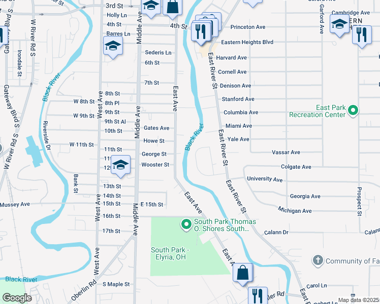 map of restaurants, bars, coffee shops, grocery stores, and more near 152 Pinewood Drive in Elyria
