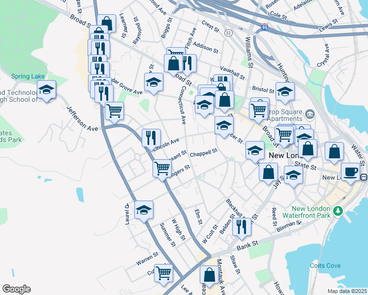 map of restaurants, bars, coffee shops, grocery stores, and more near 76 Lincoln Avenue in New London