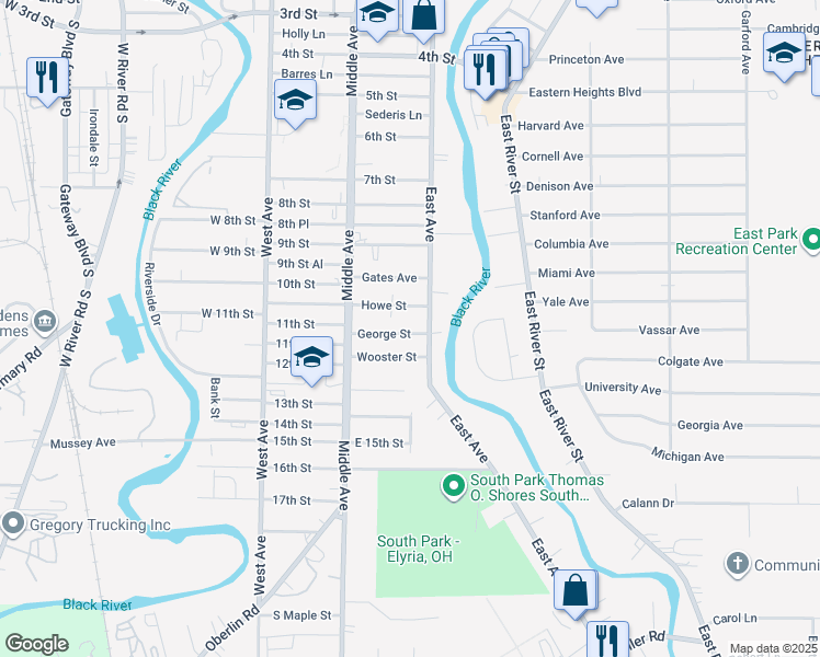 map of restaurants, bars, coffee shops, grocery stores, and more near 228 Howe Street in Elyria