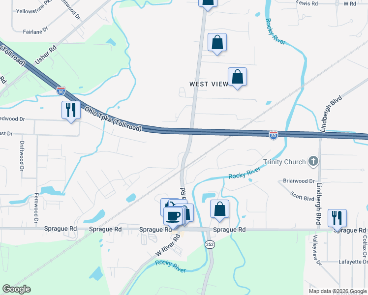 map of restaurants, bars, coffee shops, grocery stores, and more near 9422 Columbia Road in Olmsted Falls