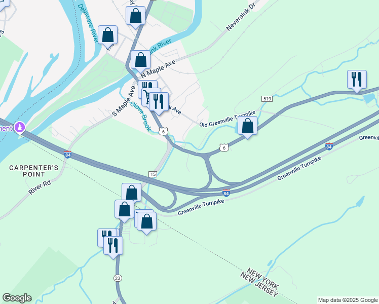 map of restaurants, bars, coffee shops, grocery stores, and more near 6 Slate Hill Road in Port Jervis