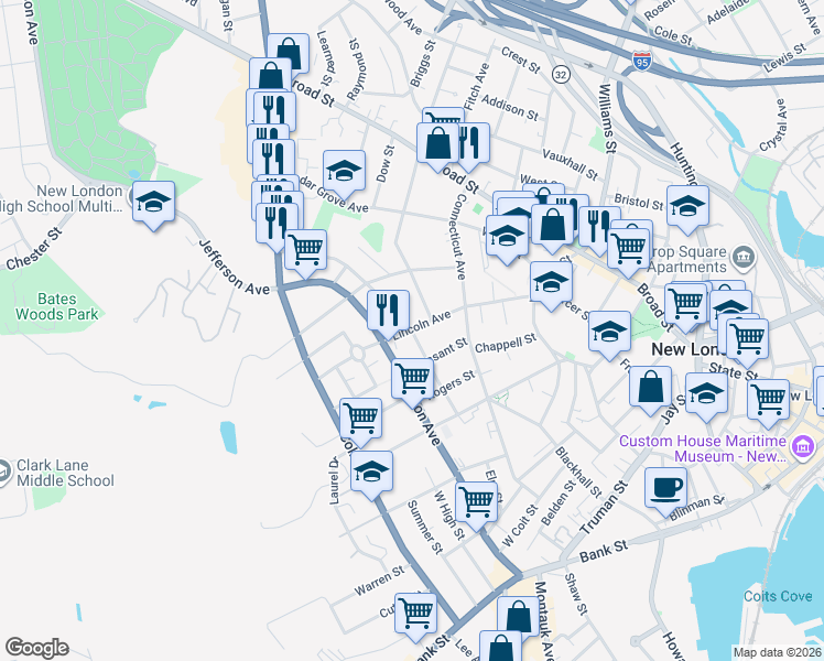 map of restaurants, bars, coffee shops, grocery stores, and more near 107 Lincoln Ave in New London
