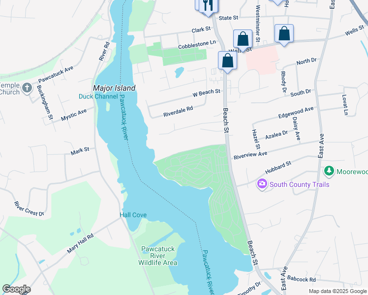 map of restaurants, bars, coffee shops, grocery stores, and more near 29 Washington Avenue in Westerly