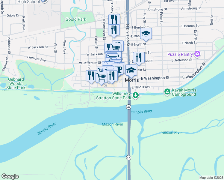 map of restaurants, bars, coffee shops, grocery stores, and more near 111 East Illinois Avenue in Morris