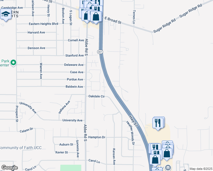 map of restaurants, bars, coffee shops, grocery stores, and more near 135 Bentley Drive in Elyria