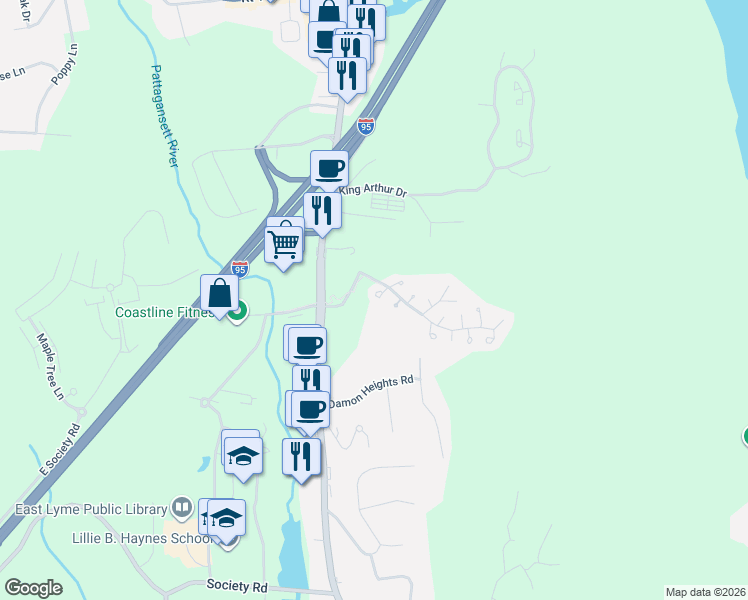 map of restaurants, bars, coffee shops, grocery stores, and more near 5 Bittersweet Lane in East Lyme