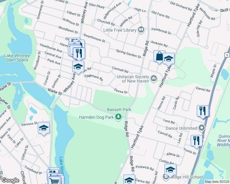 map of restaurants, bars, coffee shops, grocery stores, and more near 153 Dessa Drive in Hamden