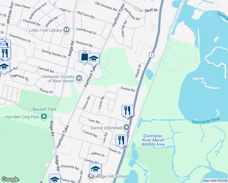 map of restaurants, bars, coffee shops, grocery stores, and more near 11 Dadio Road in Hamden