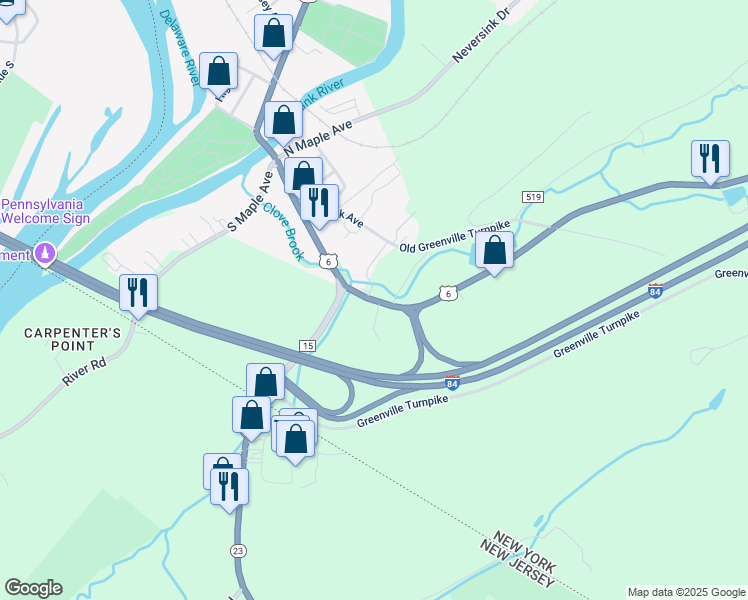 map of restaurants, bars, coffee shops, grocery stores, and more near 6 Slate Hill Road in Port Jervis