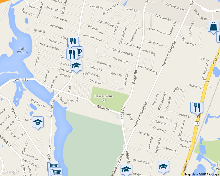 map of restaurants, bars, coffee shops, grocery stores, and more near 153 Dessa Drive in Hamden