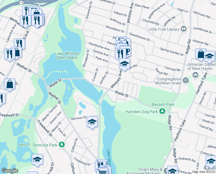 map of restaurants, bars, coffee shops, grocery stores, and more near 1546 Whitney Avenue in Hamden