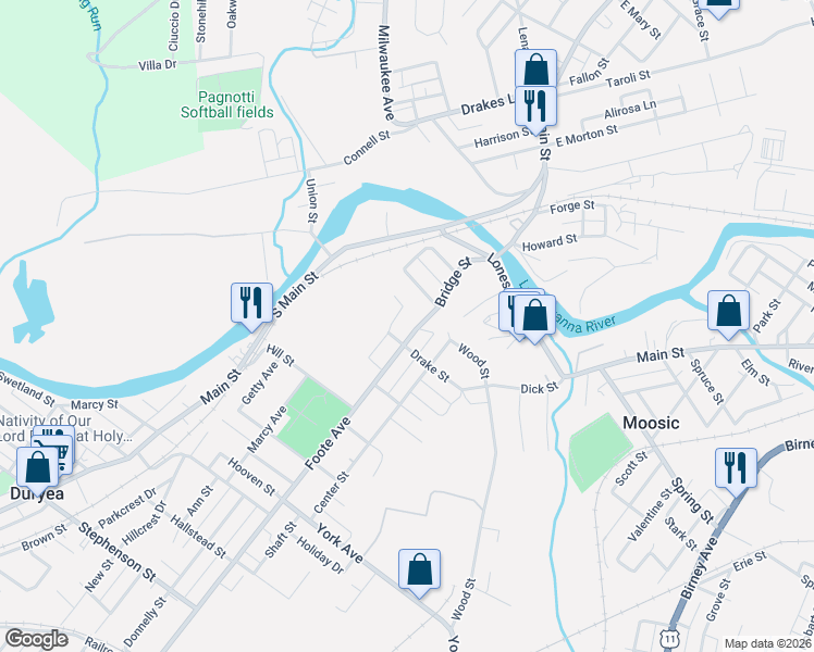 map of restaurants, bars, coffee shops, grocery stores, and more near Drake St in Old Forge