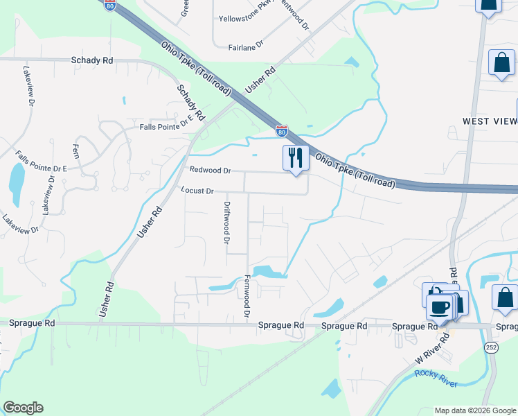 map of restaurants, bars, coffee shops, grocery stores, and more near 26508 Sussex Drive in Olmsted Falls
