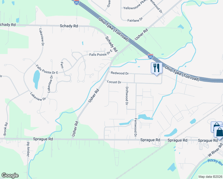 map of restaurants, bars, coffee shops, grocery stores, and more near 9267 Basswood Drive in Olmsted Falls