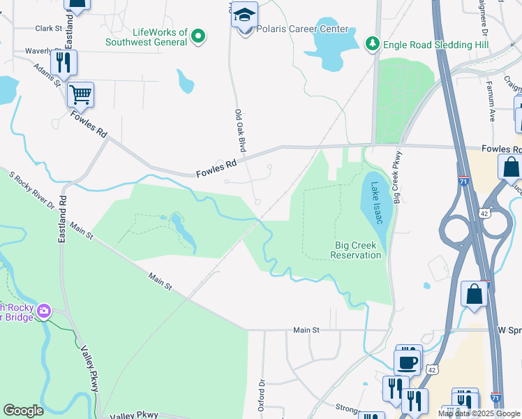 map of restaurants, bars, coffee shops, grocery stores, and more near 7661 Isaac Drive in Middleburg Heights