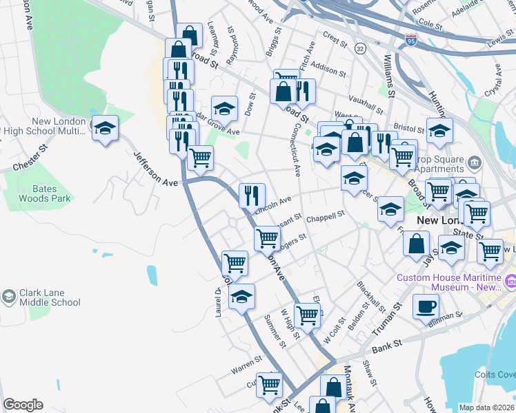 map of restaurants, bars, coffee shops, grocery stores, and more near 107 Lincoln Avenue in New London