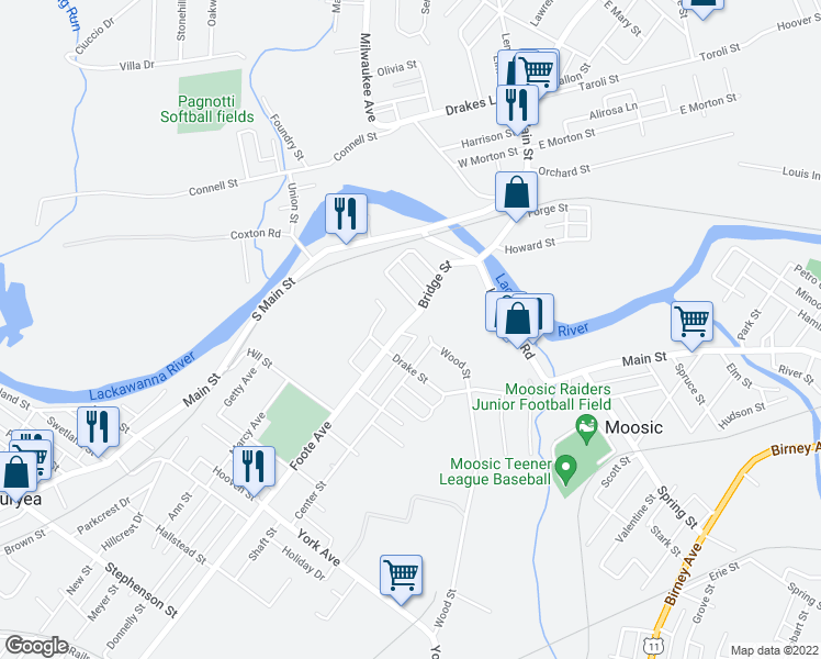 map of restaurants, bars, coffee shops, grocery stores, and more near 318 Bridge St in Old Forge
