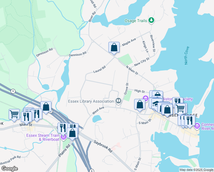 map of restaurants, bars, coffee shops, grocery stores, and more near 32 Grandview Terrace in Essex