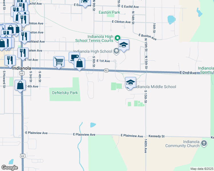 map of restaurants, bars, coffee shops, grocery stores, and more near 1301 East 2nd Avenue in Indianola