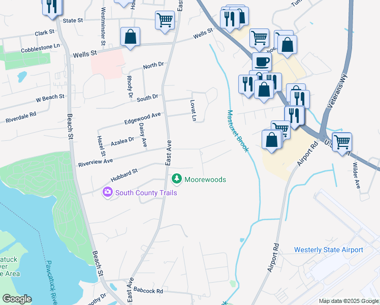 map of restaurants, bars, coffee shops, grocery stores, and more near 9 Jolly Ln in Westerly