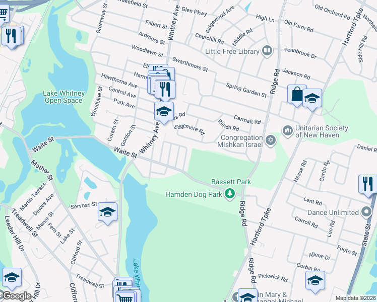 map of restaurants, bars, coffee shops, grocery stores, and more near 47 Barrett Street in Hamden